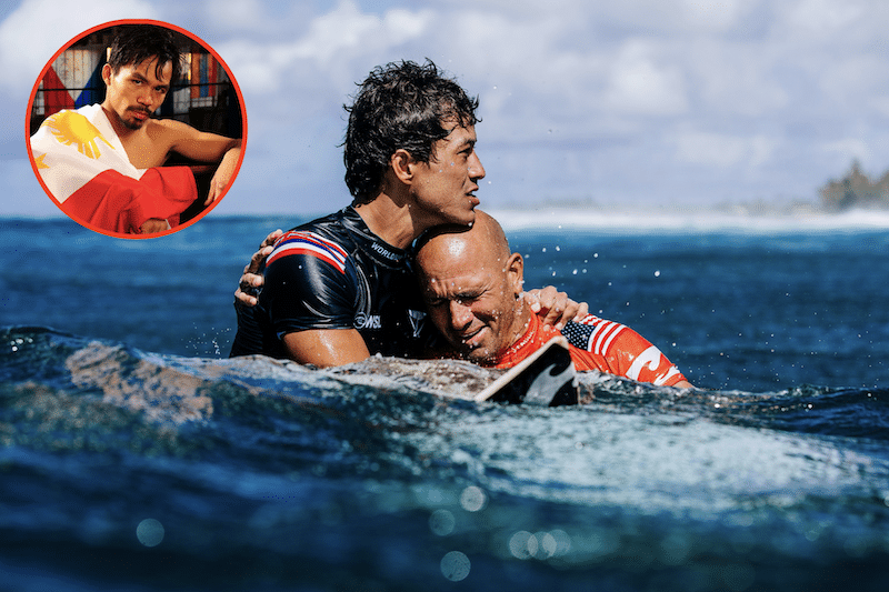 Kelly Slater comforted by a younger man while Manny Pacquiao (insert) waits his turn.